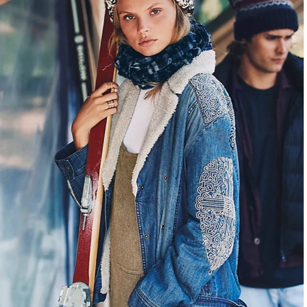 Free People Embroidered Denim Sherpa Jacket